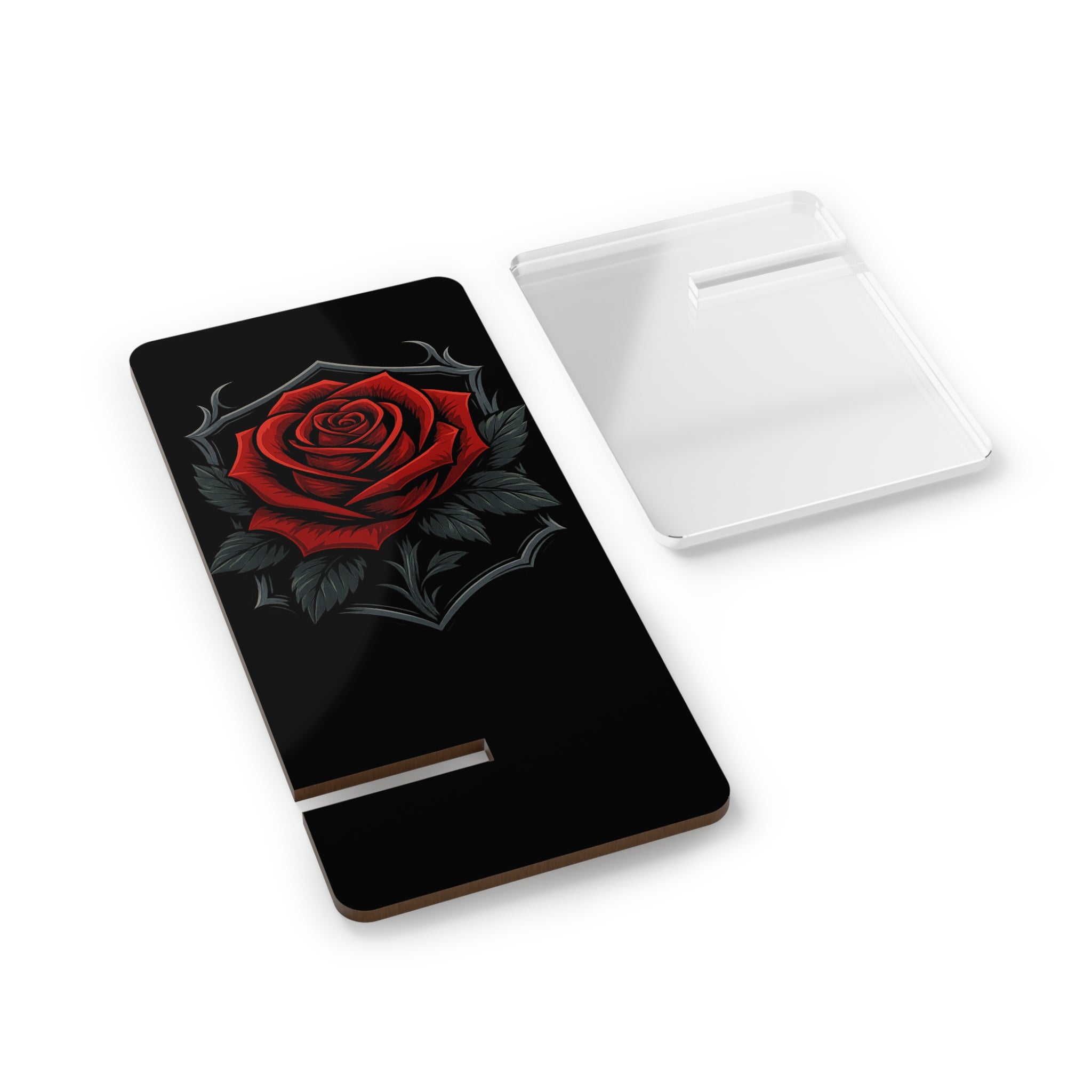 Acrylic Phone Stand with Gothic Red Rose Design