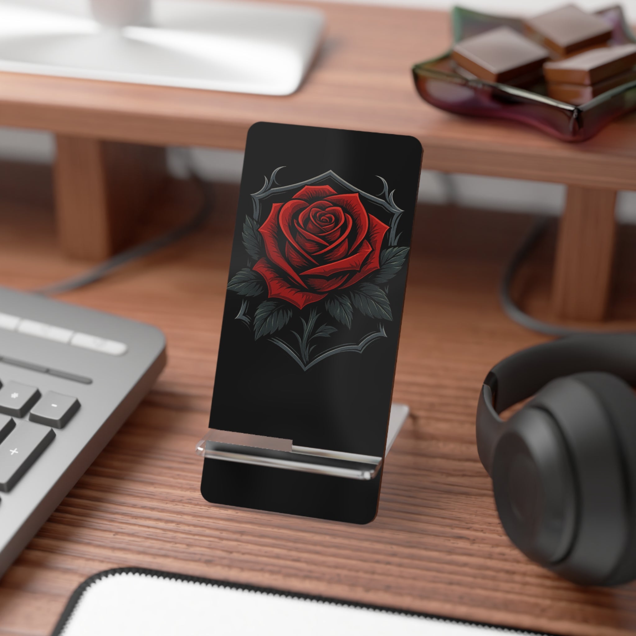 Acrylic Phone Stand with Gothic Red Rose Design
