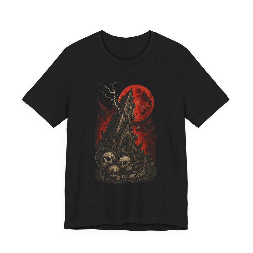 Falling Tower Lightning Skulls Tee, Gothic Unisex Shirt, Blood Red Moon Graphic T-Shirt, Halloween Occult Clothing,