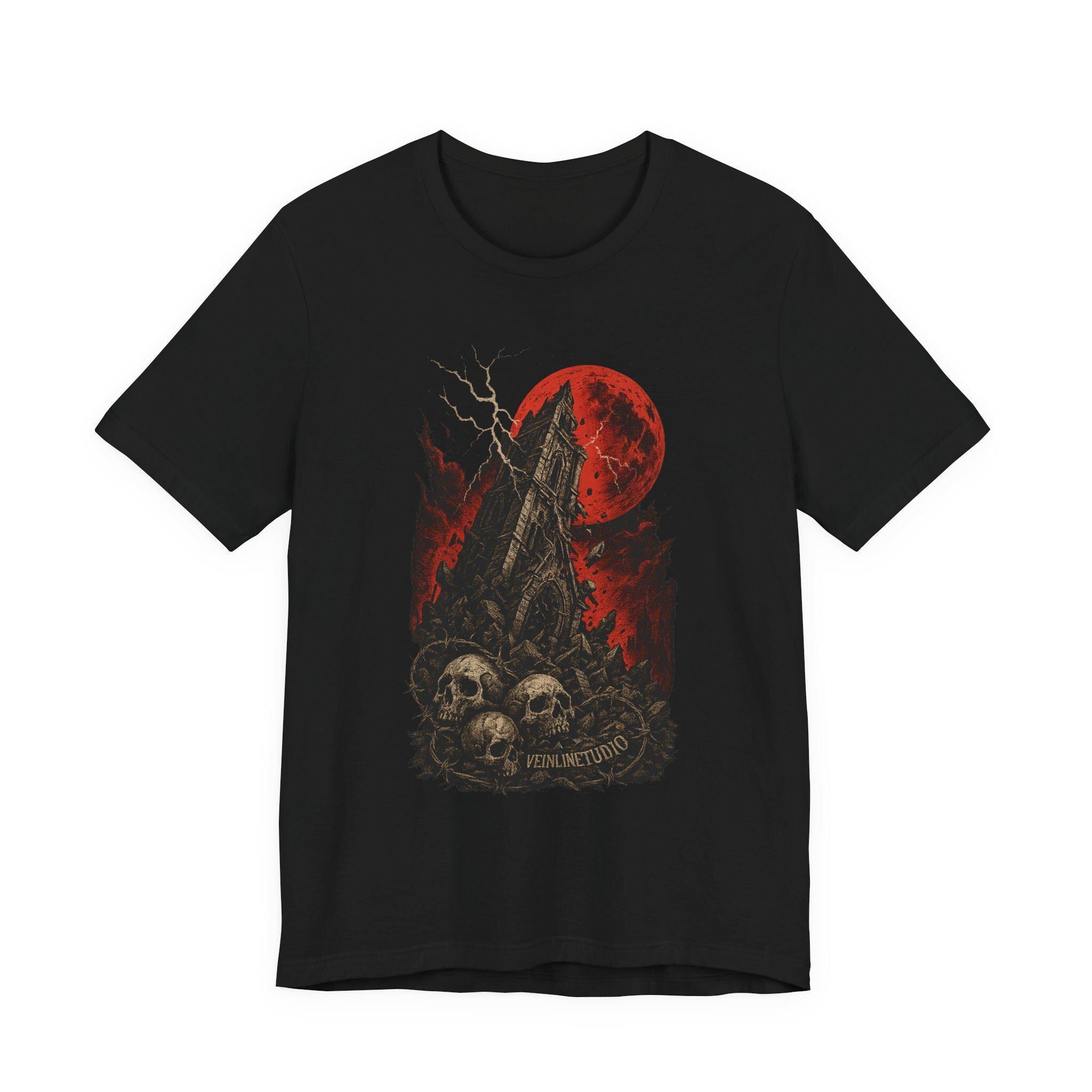 Falling Tower Lightning Skulls Tee, Gothic Unisex Shirt, Blood Red Moon Graphic T-Shirt, Halloween Occult Clothing,