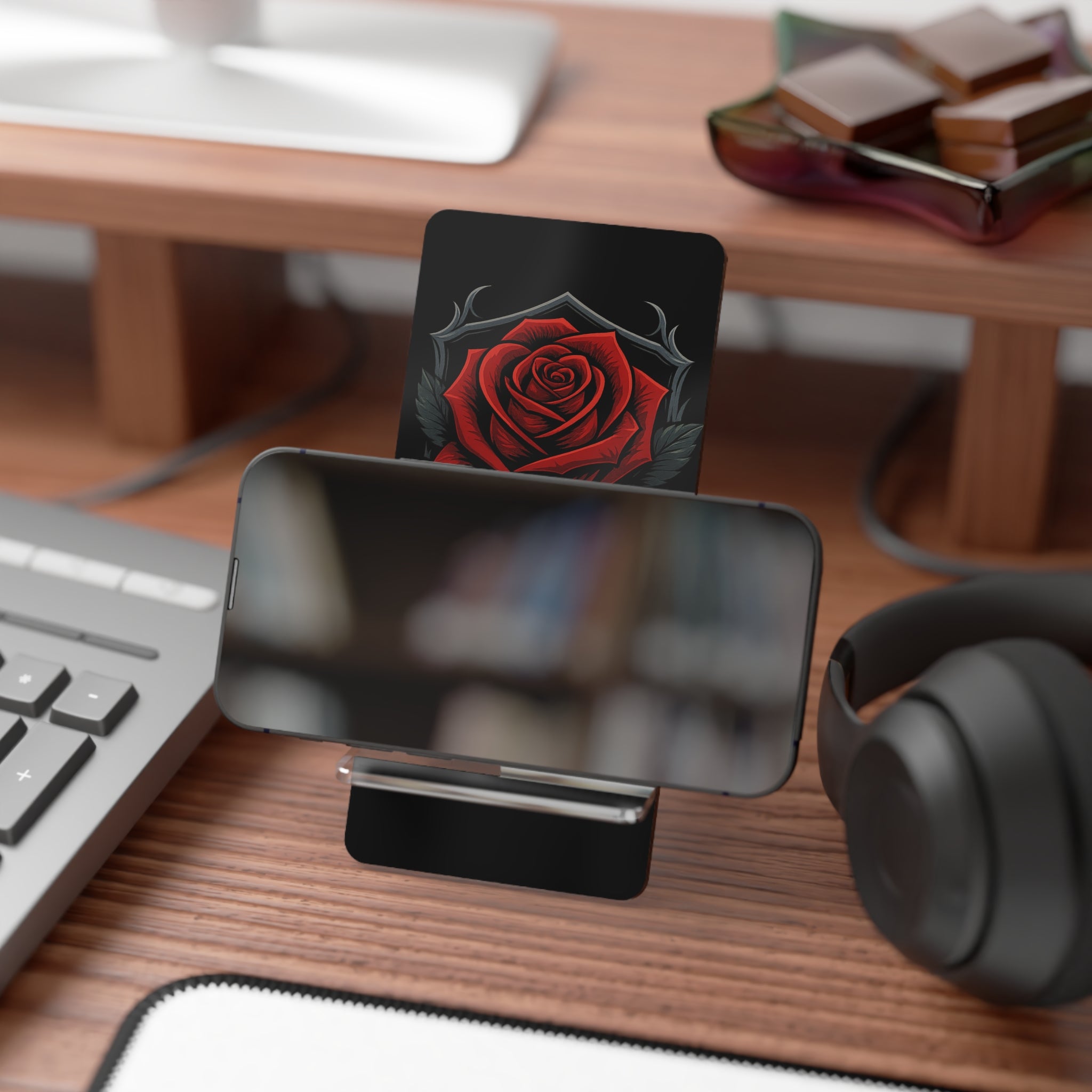 Acrylic Phone Stand with Gothic Red Rose Design