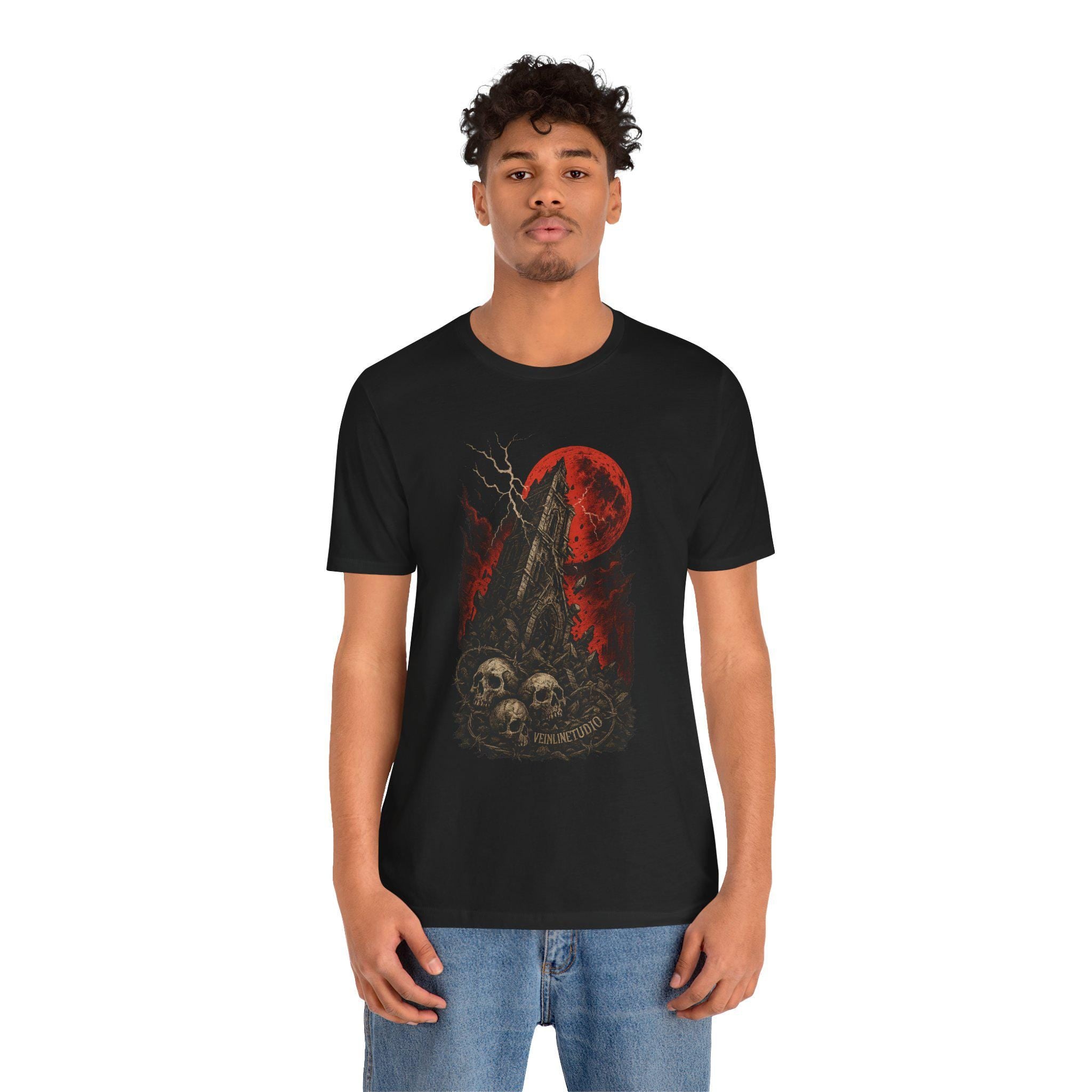 Falling Tower Lightning Skulls Tee, Gothic Unisex Shirt, Blood Red Moon Graphic T-Shirt, Halloween Occult Clothing,