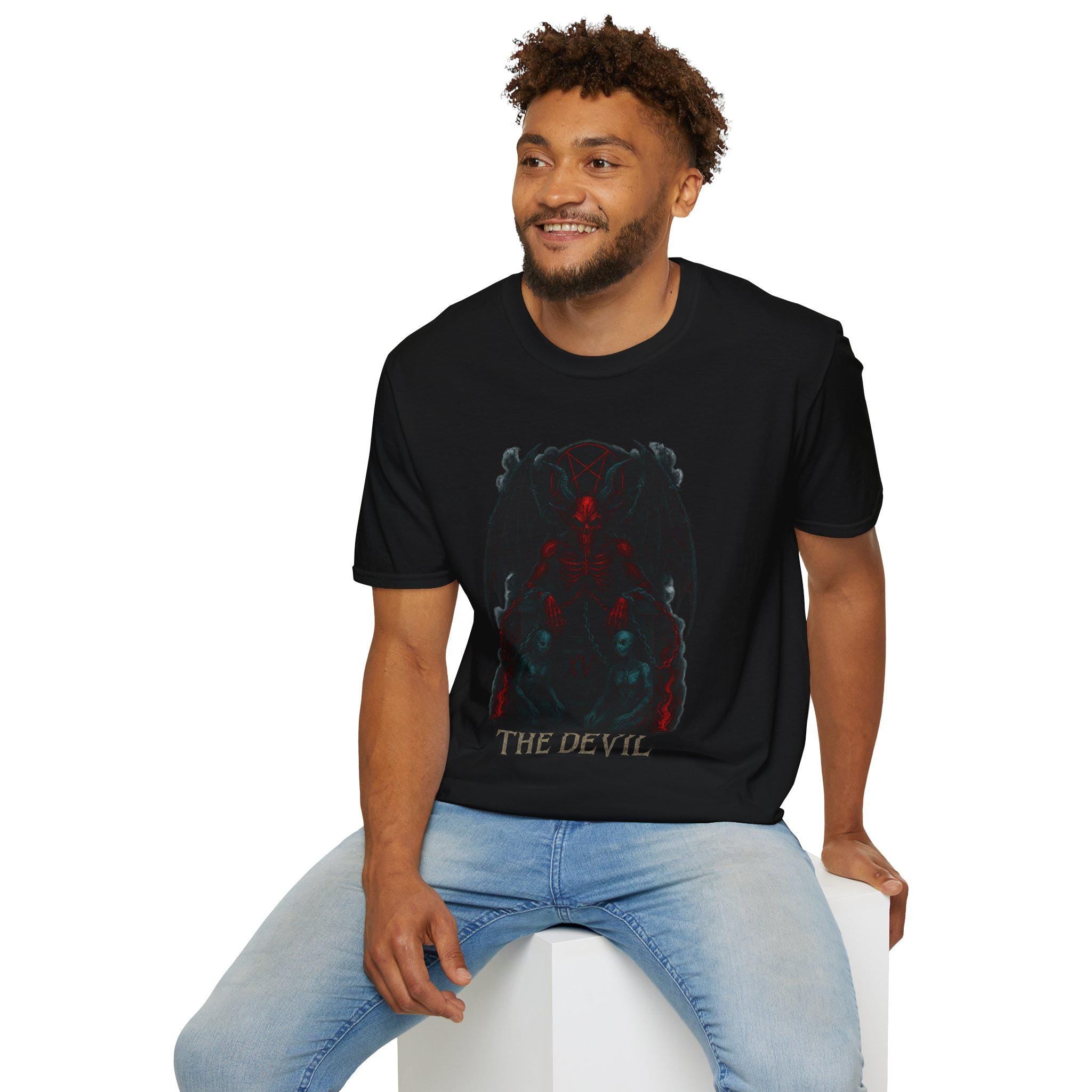 Devil Tarot Card Graphic Tee. 100% cotton, size S-2XL, VeinLine Studio
