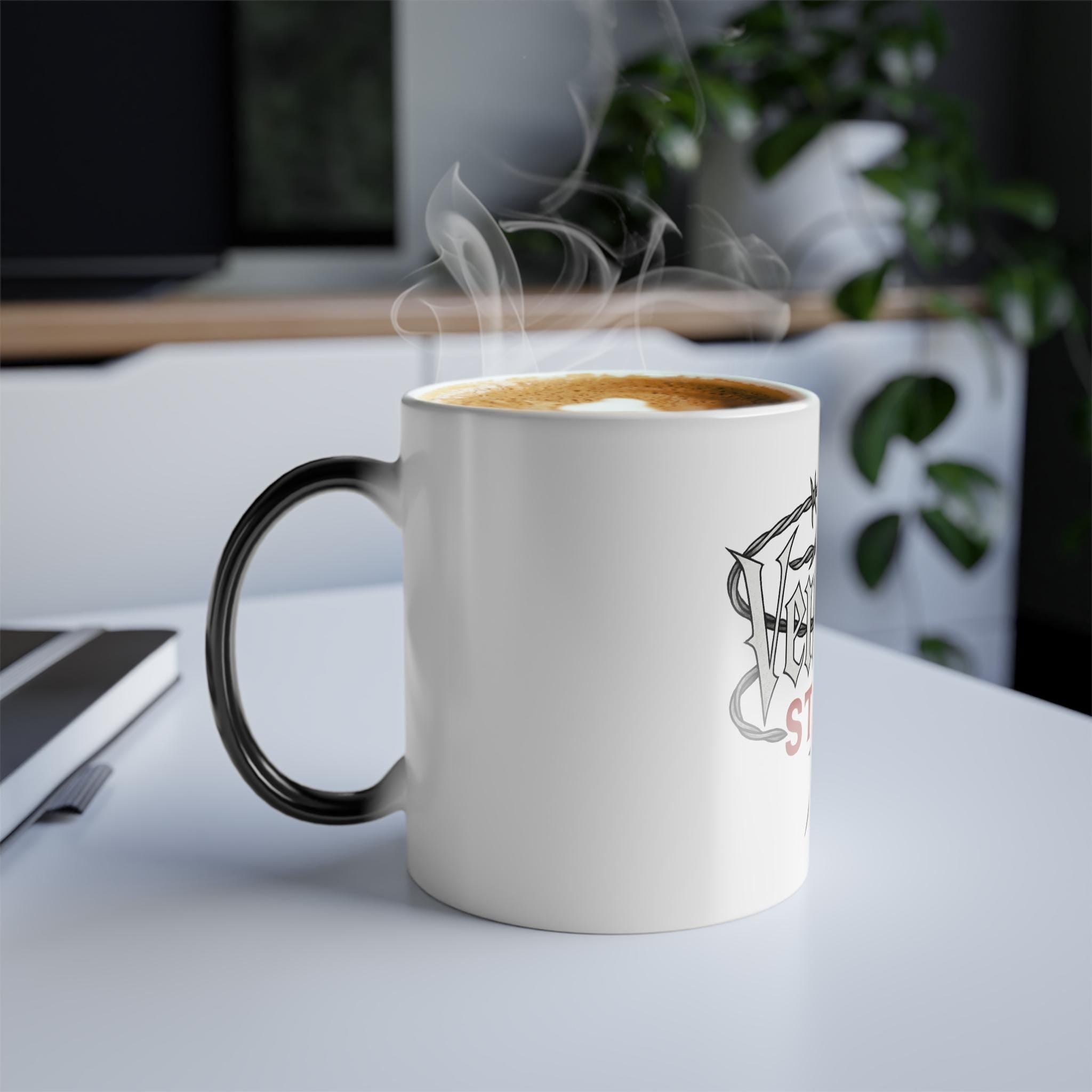 Color Changing Mug, Custom Heat Sensitive Ceramic Cup with VeinLineStudio logo.