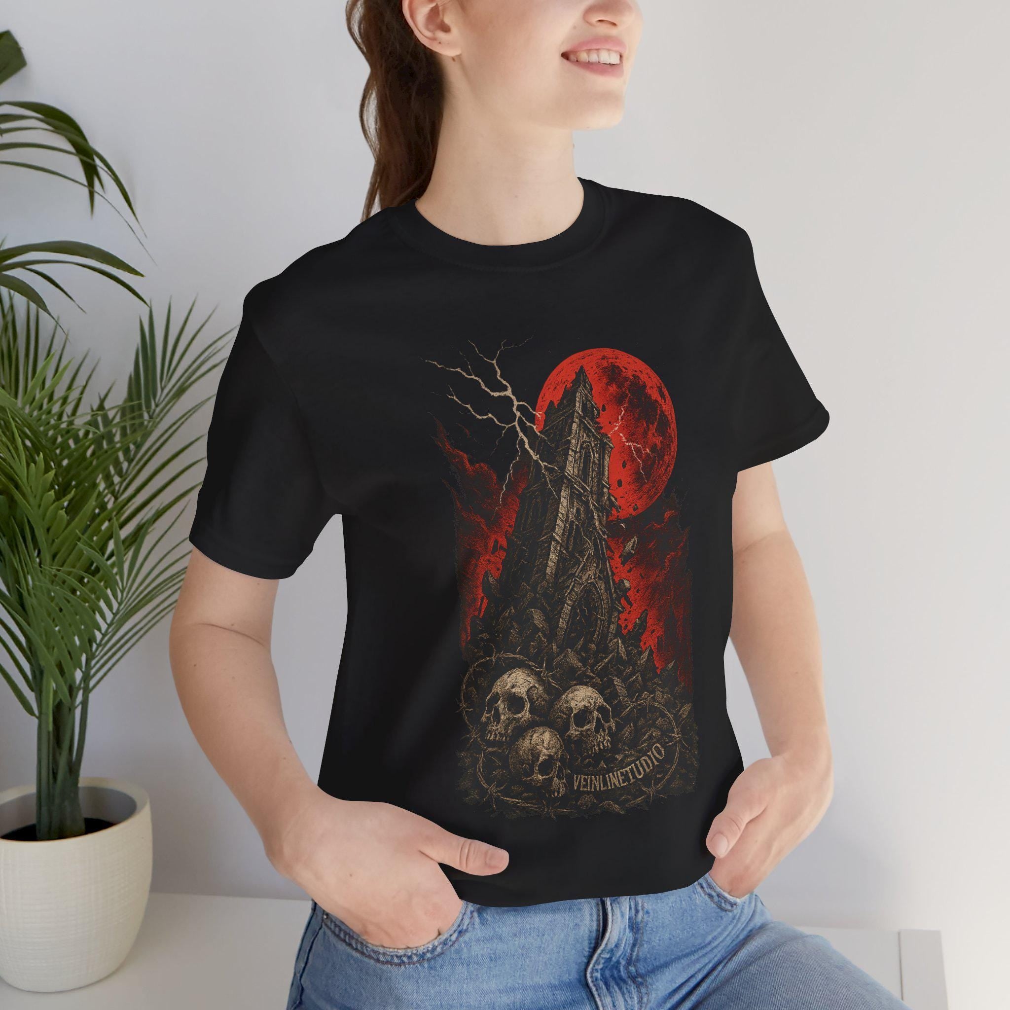 Falling Tower Lightning Skulls Tee, Gothic Unisex Shirt, Blood Red Moon Graphic T-Shirt, Halloween Occult Clothing,