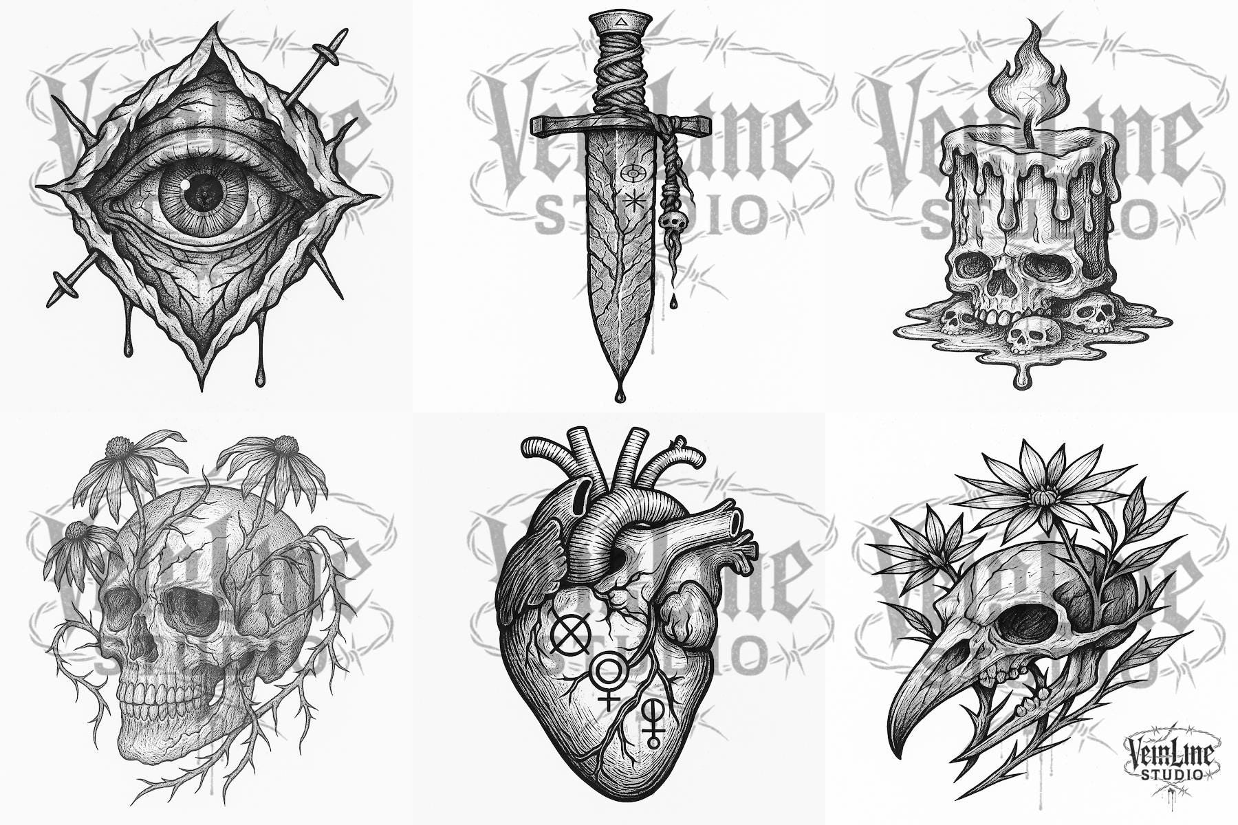 Realistic Dark Tattoo Stencil Bundle – 6 Black & White Flash Designs by VeinLineStudio