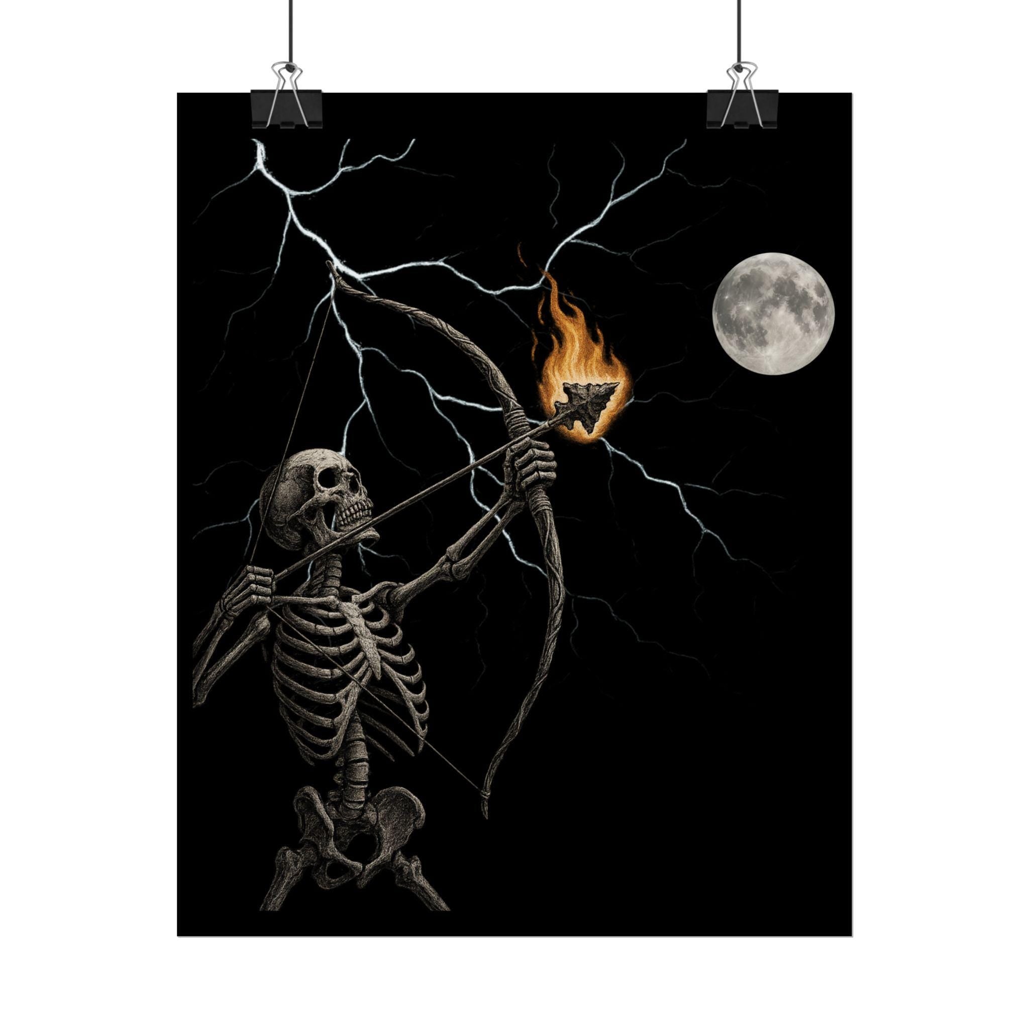 Skeleton Archer Moon Poster: Native American Arrowhead Lightning Wall Art