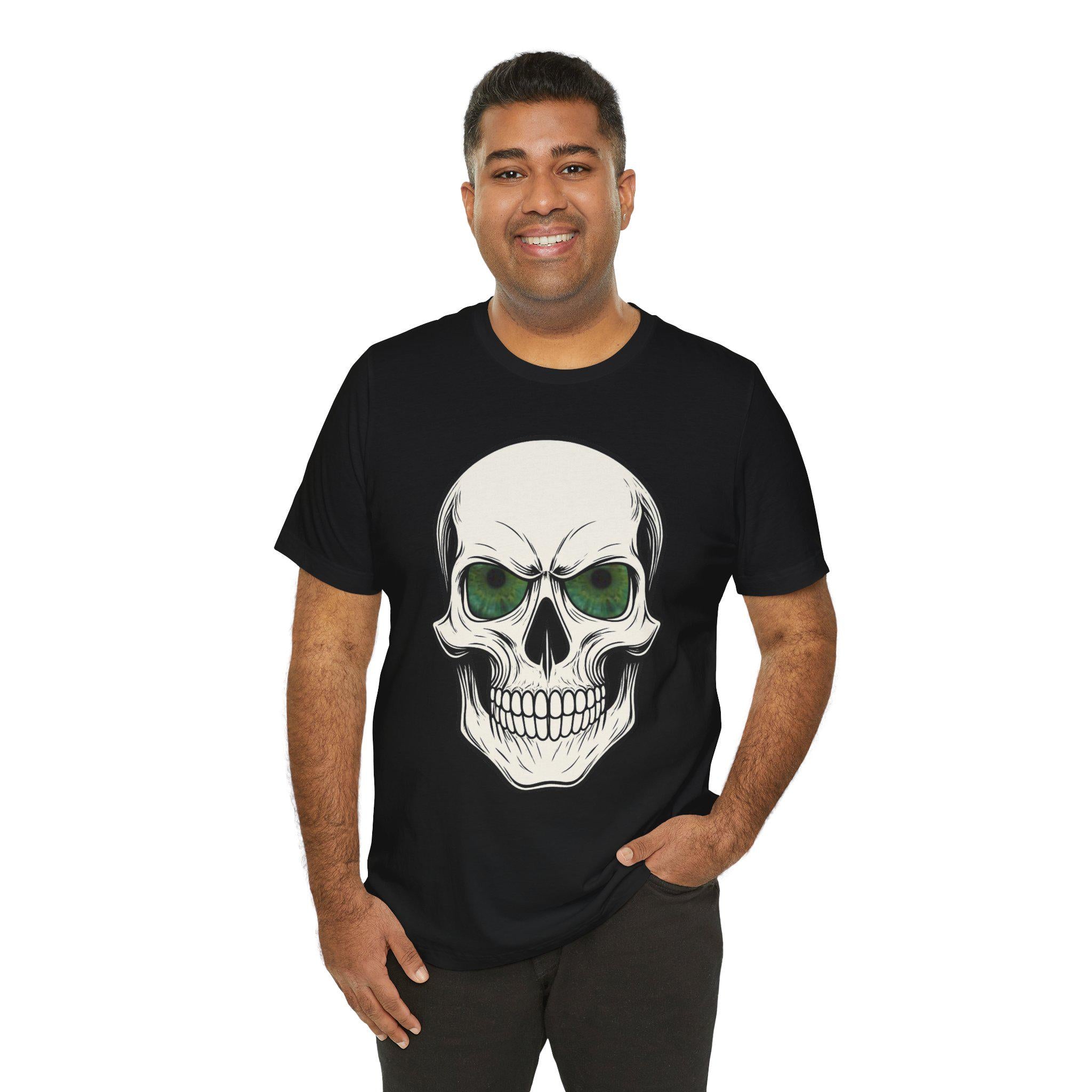 Gothic Tee, Halloween Shirt, Spooky Apparel, Skull with Glowing Green Eyes, VeinLine Studio