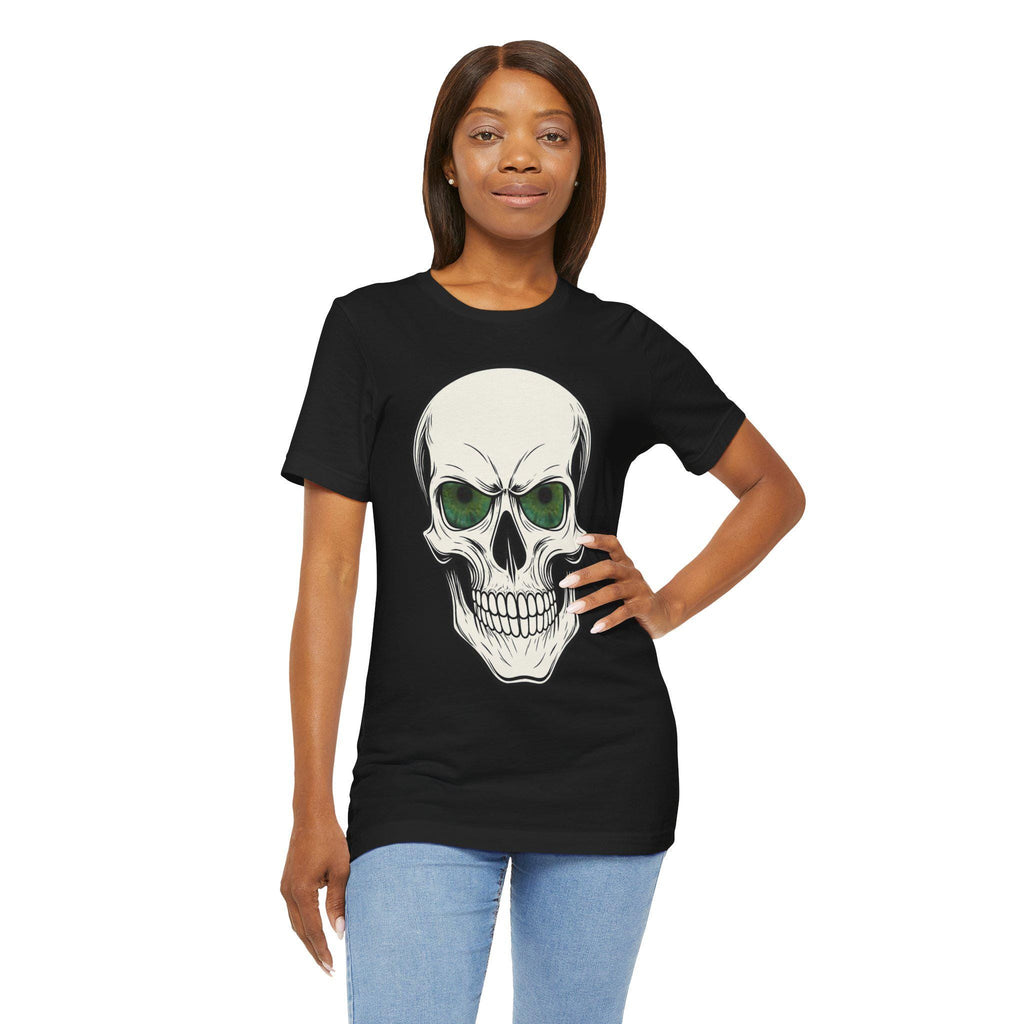Gothic Tee, Halloween Shirt, Spooky Apparel, Skull with Glowing Green Eyes, VeinLine Studio
