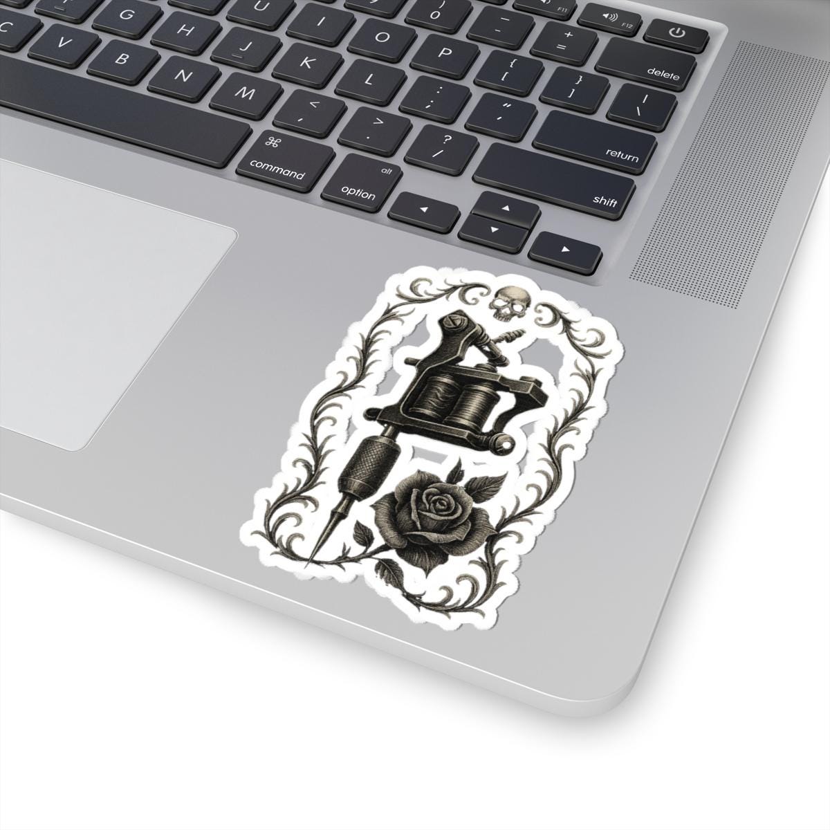 Tattoo Machine & Rose Sticker – Vintage Tattoo Art Decal VeinLine Studio