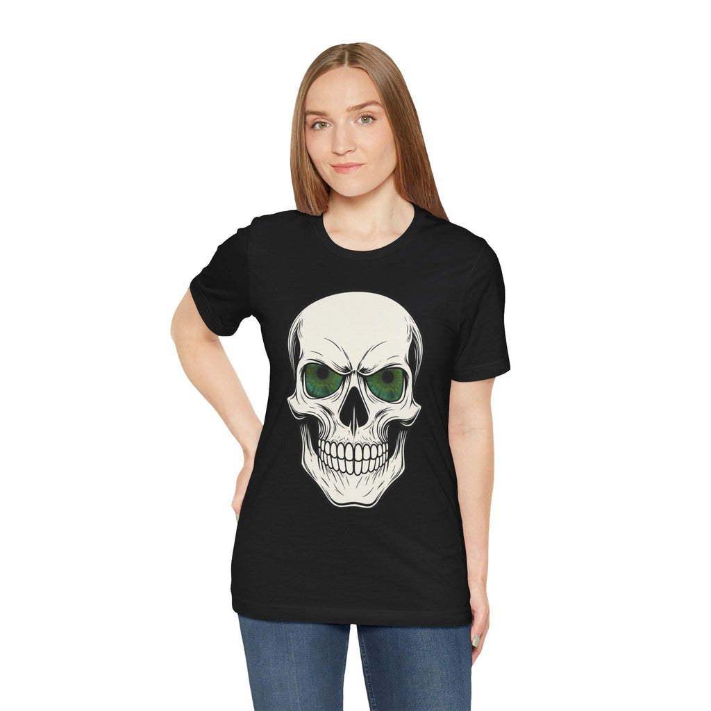Gothic Tee, Halloween Shirt, Spooky Apparel, Skull with Glowing Green Eyes, VeinLine Studio