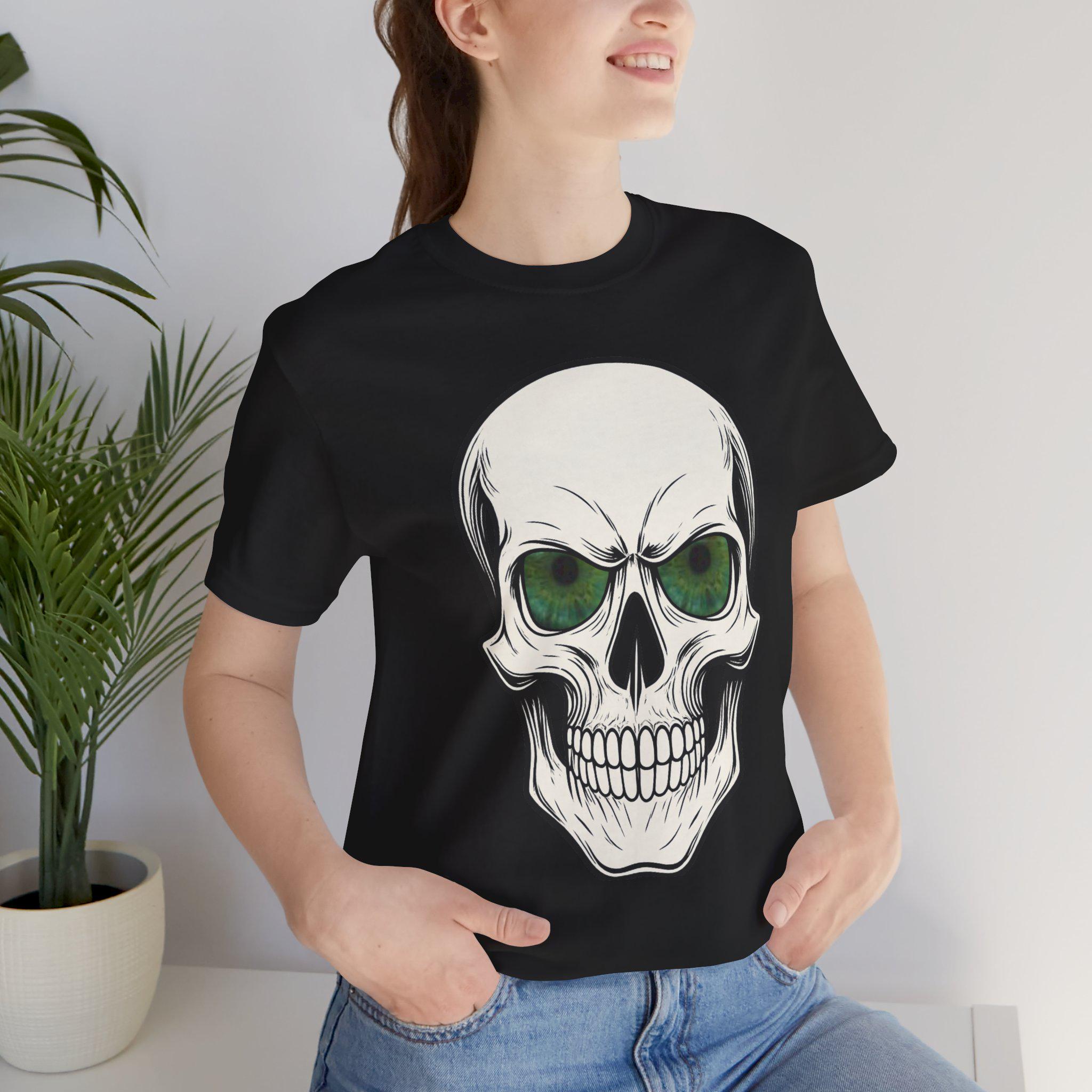 Gothic Tee, Halloween Shirt, Spooky Apparel, Skull with Glowing Green Eyes, VeinLine Studio