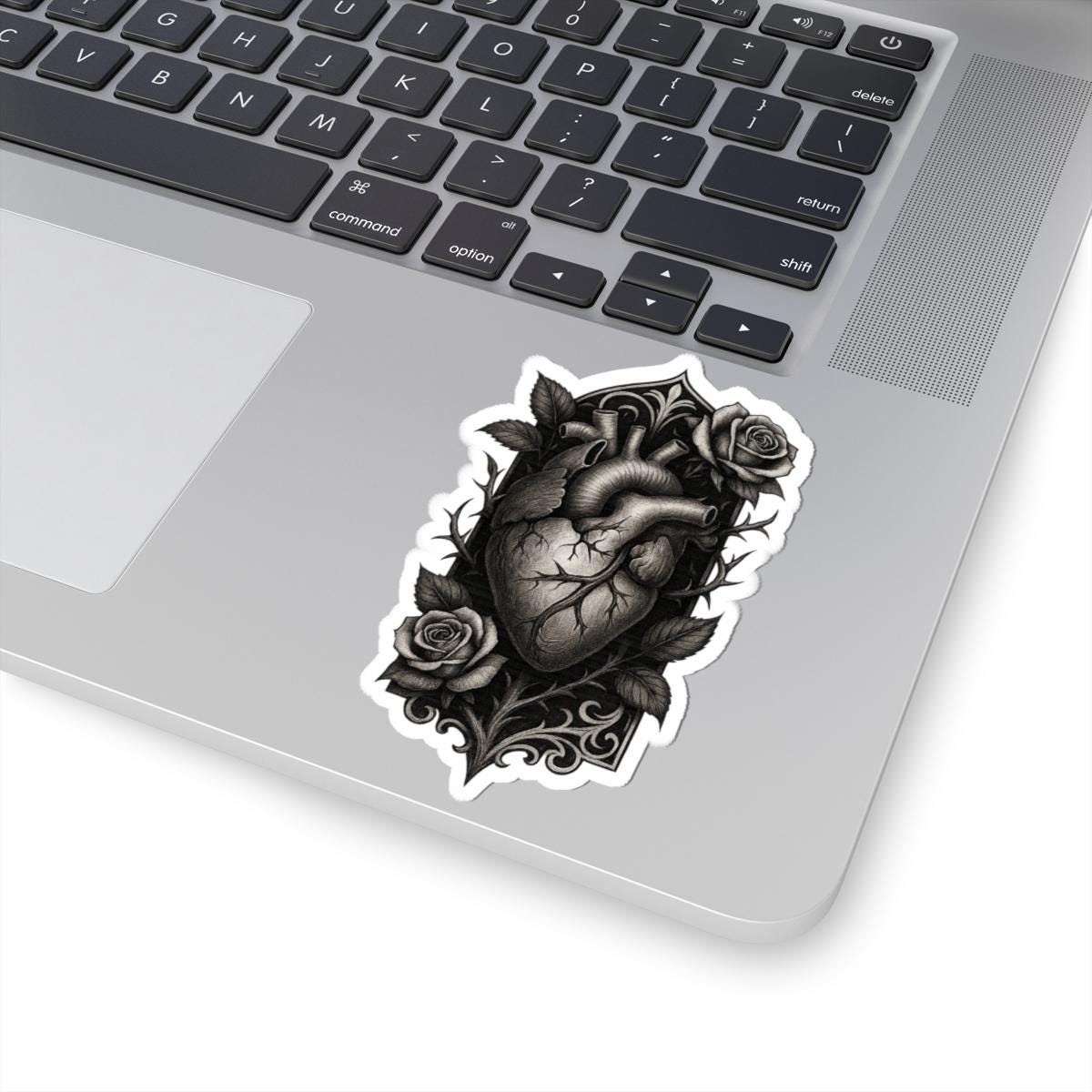 Gothic Heart & Roses Sticker – Dark Tattoo Art Decal VeinLine Studio