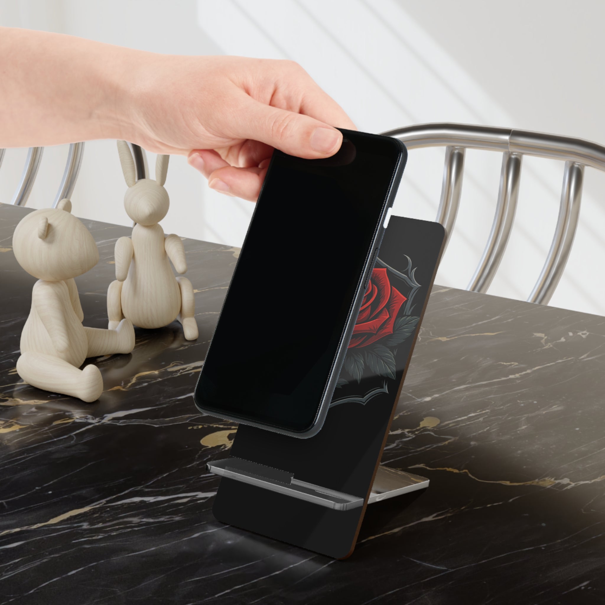 Acrylic Phone Stand with Gothic Red Rose Design