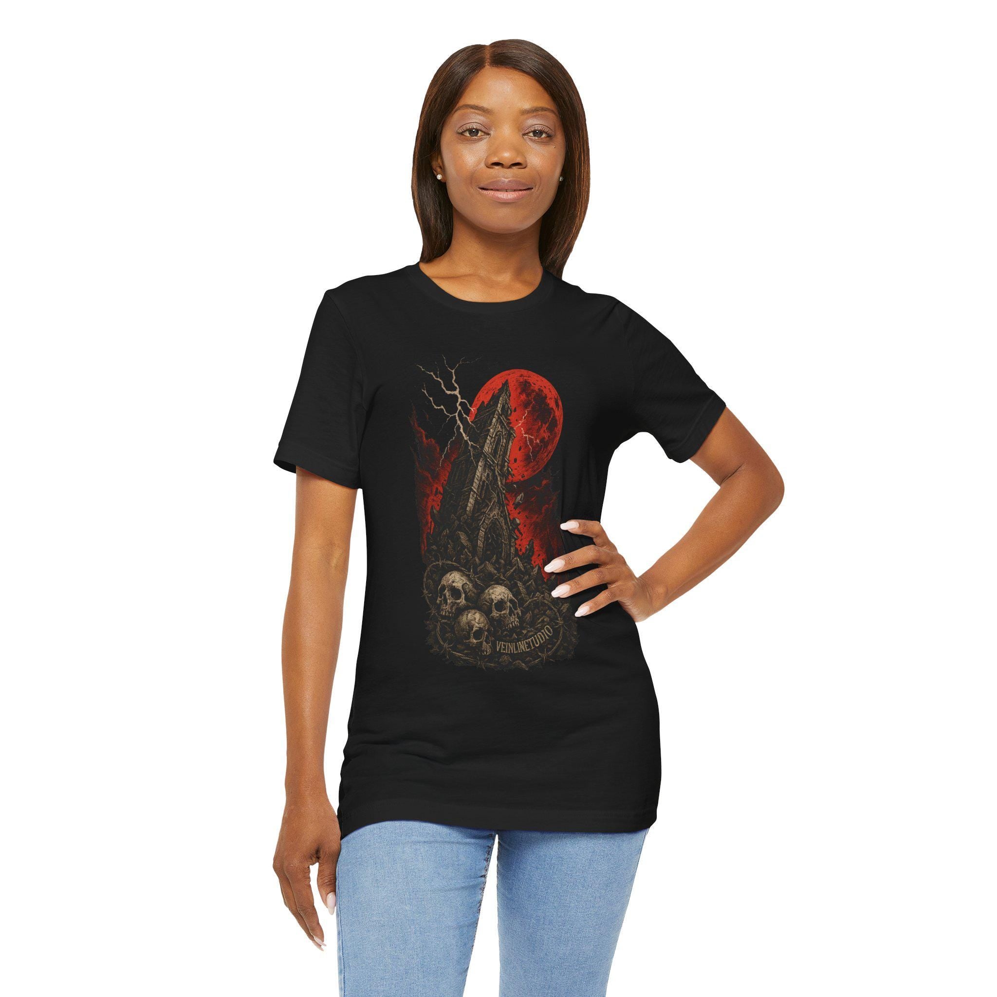 Falling Tower Lightning Skulls Tee, Gothic Unisex Shirt, Blood Red Moon Graphic T-Shirt, Halloween Occult Clothing,