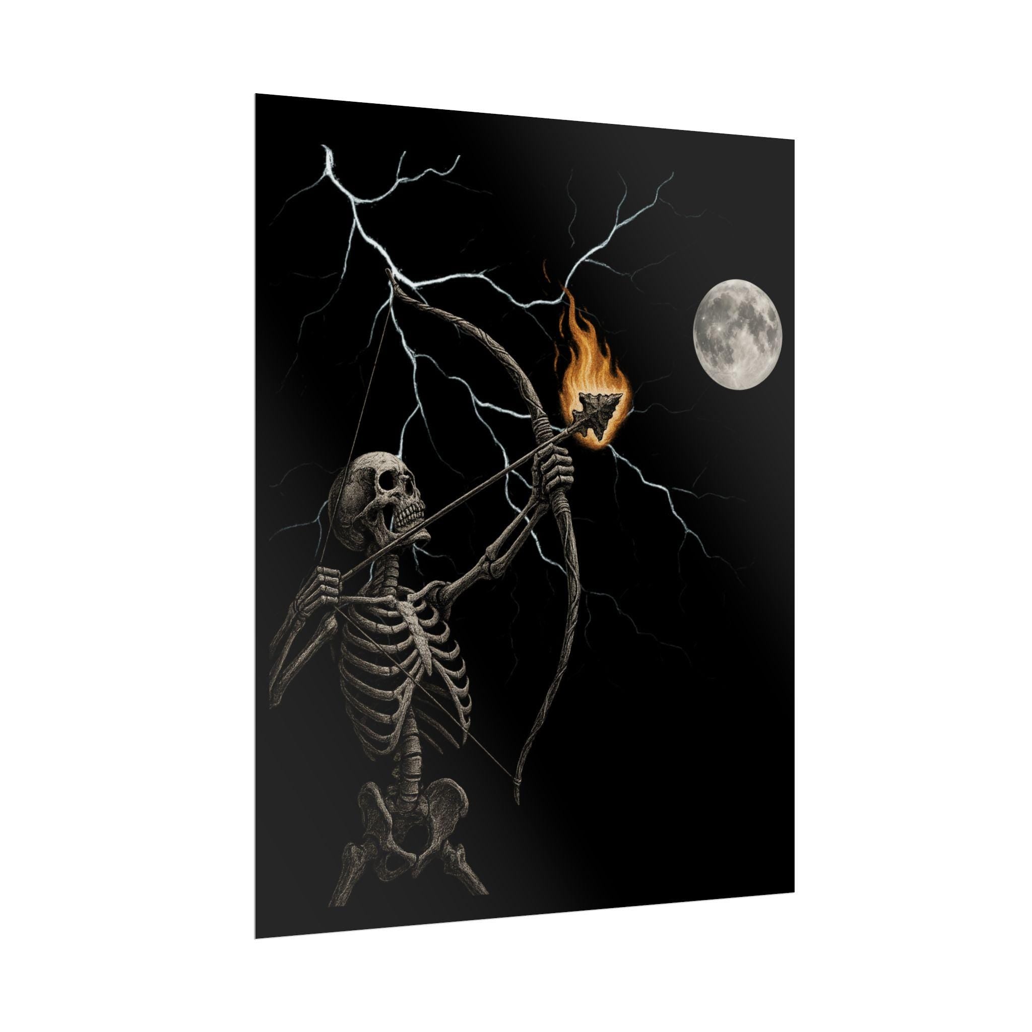 Skeleton Archer Moon Poster: Native American Arrowhead Lightning Wall Art