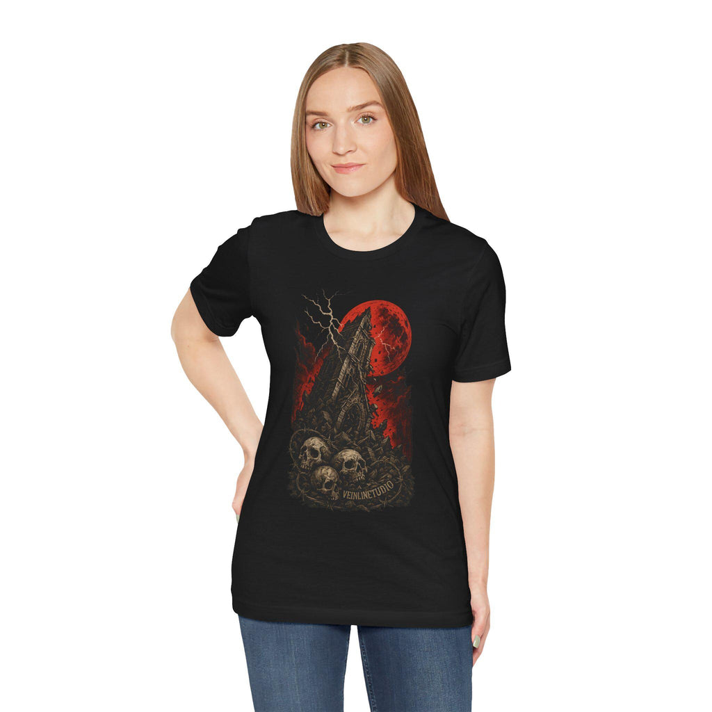 Falling Tower Lightning Skulls Tee, Gothic Unisex Shirt, Blood Red Moon Graphic T-Shirt, Halloween Occult Clothing,