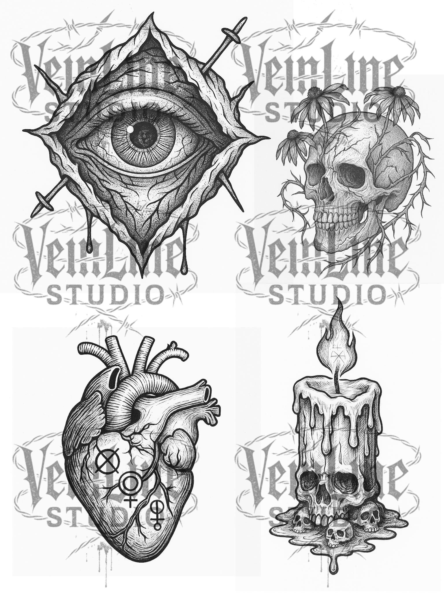 Realistic Dark Tattoo Stencil Bundle – 6 Black & White Flash Designs by VeinLineStudio