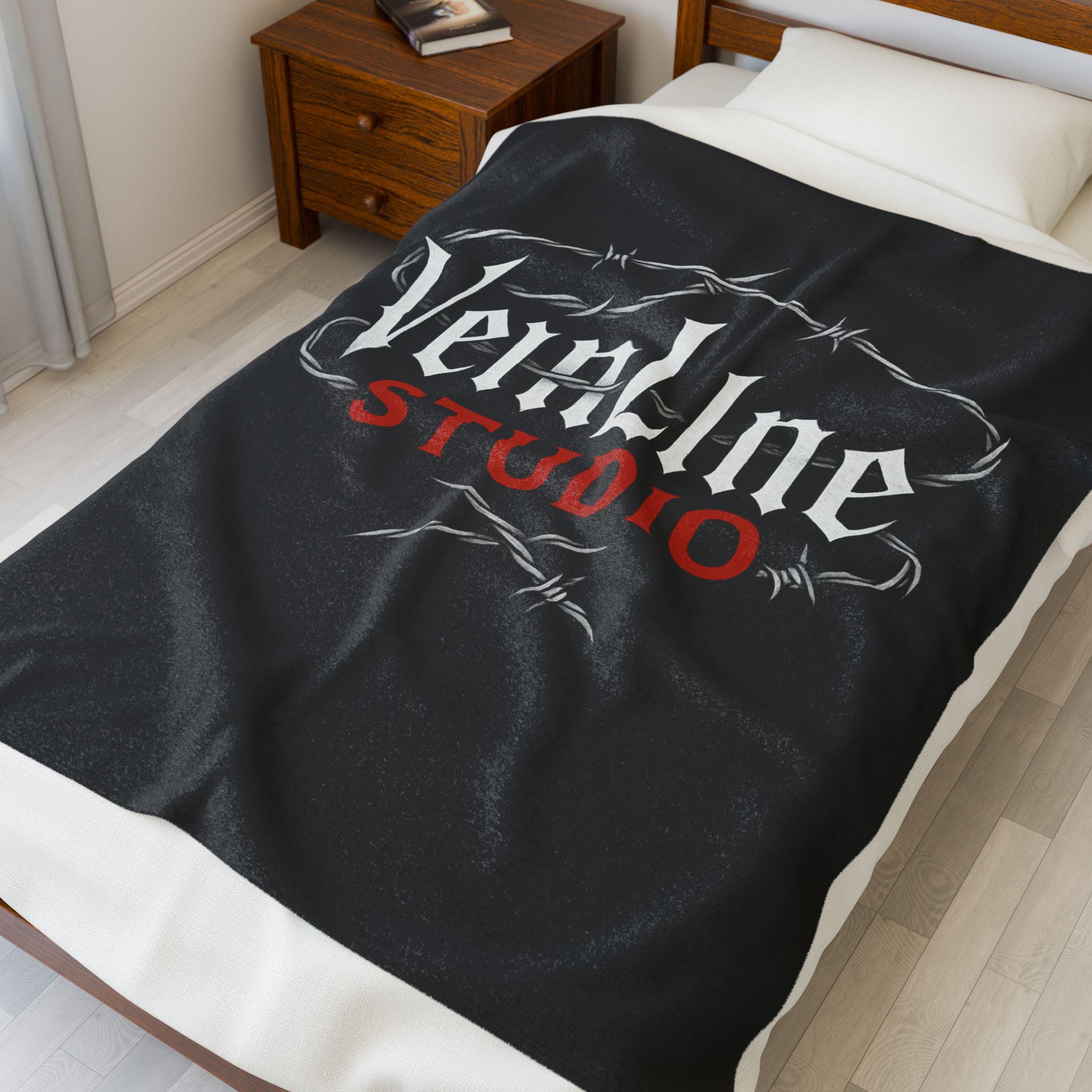 Gothic Plush Blanket, VeinLineStudio Logo Throw, Black Velveteen Blanket, VeinLine Studio