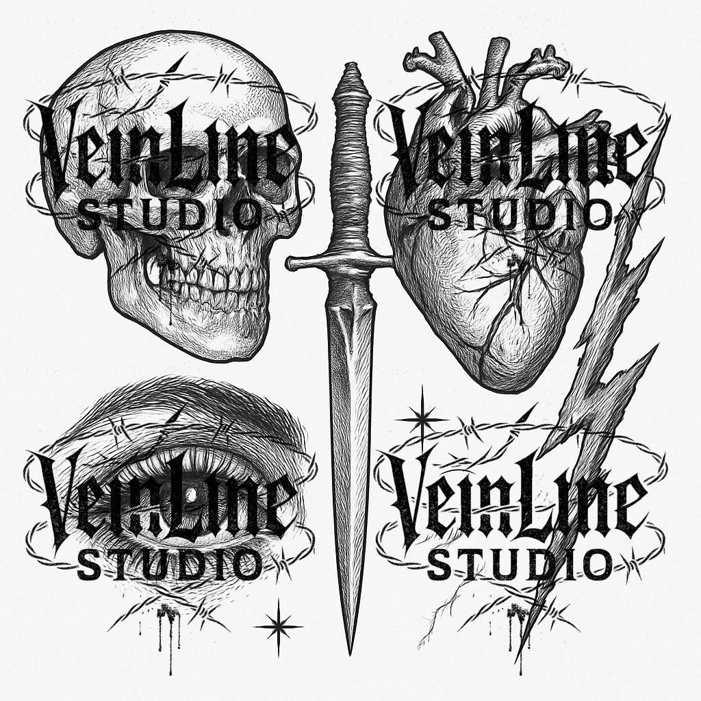 Realistic Dark Tattoo Stencil Bundle – 6 Black & White Flash Designs by VeinLineStudio