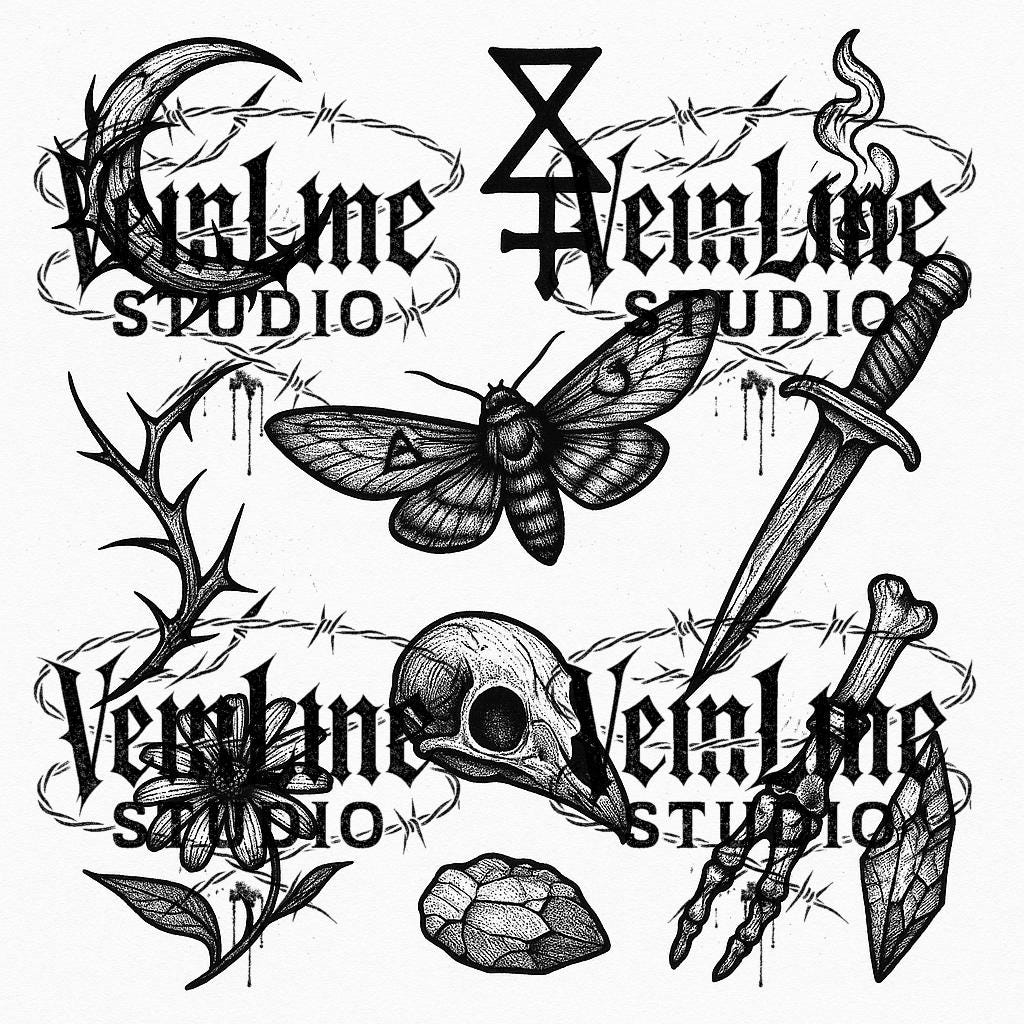 Realistic Dark Tattoo Stencil Bundle – 6 Black & White Flash Designs by VeinLineStudio