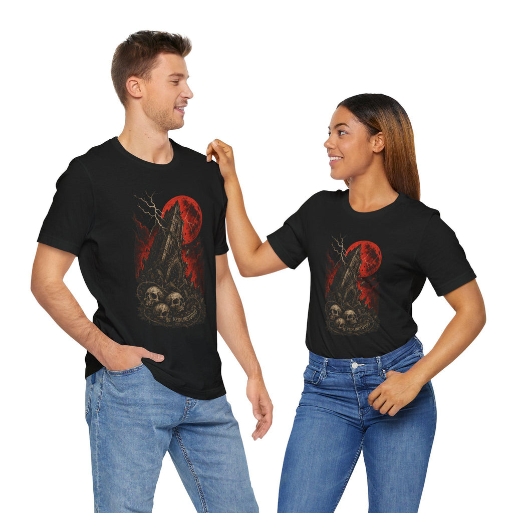 Falling Tower Lightning Skulls Tee, Gothic Unisex Shirt, Blood Red Moon Graphic T-Shirt, Halloween Occult Clothing,