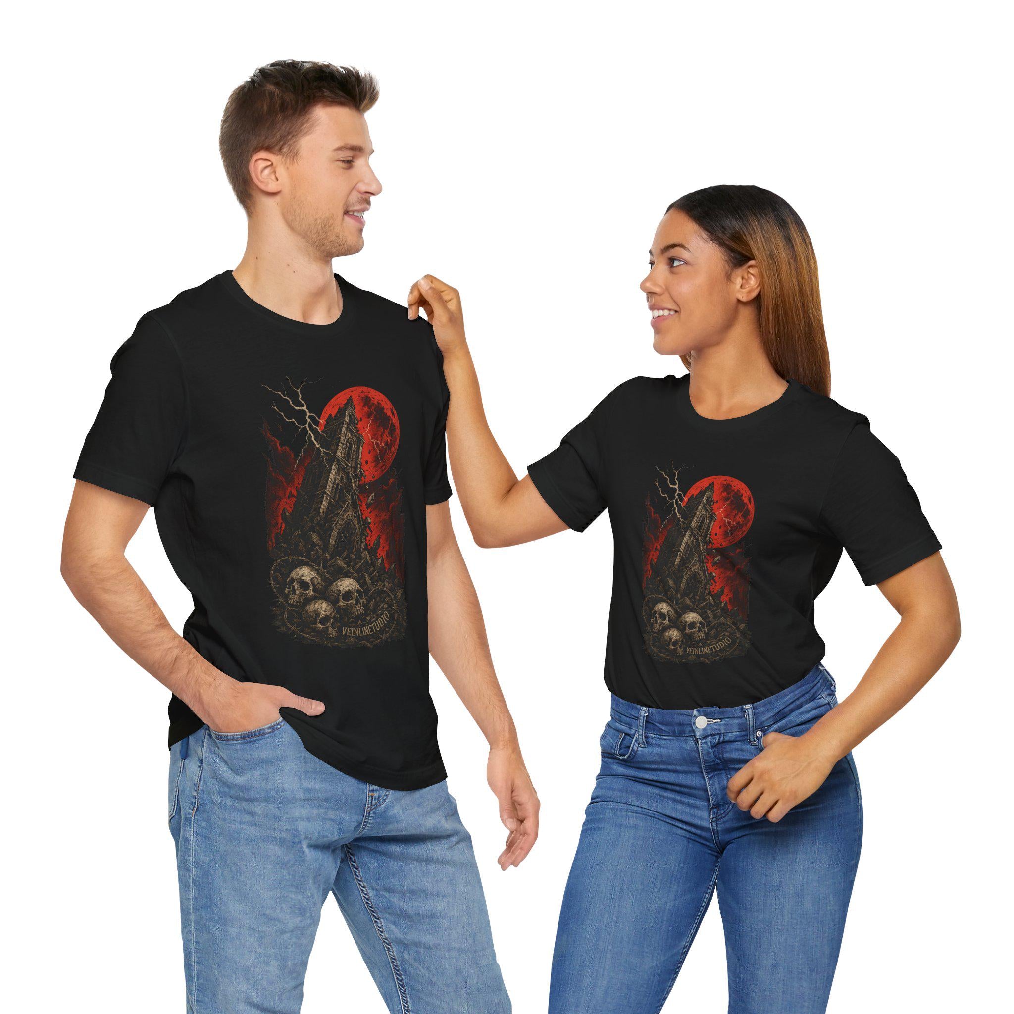 Falling Tower Lightning Skulls Tee, Gothic Unisex Shirt, Blood Red Moon Graphic T-Shirt, Halloween Occult Clothing,