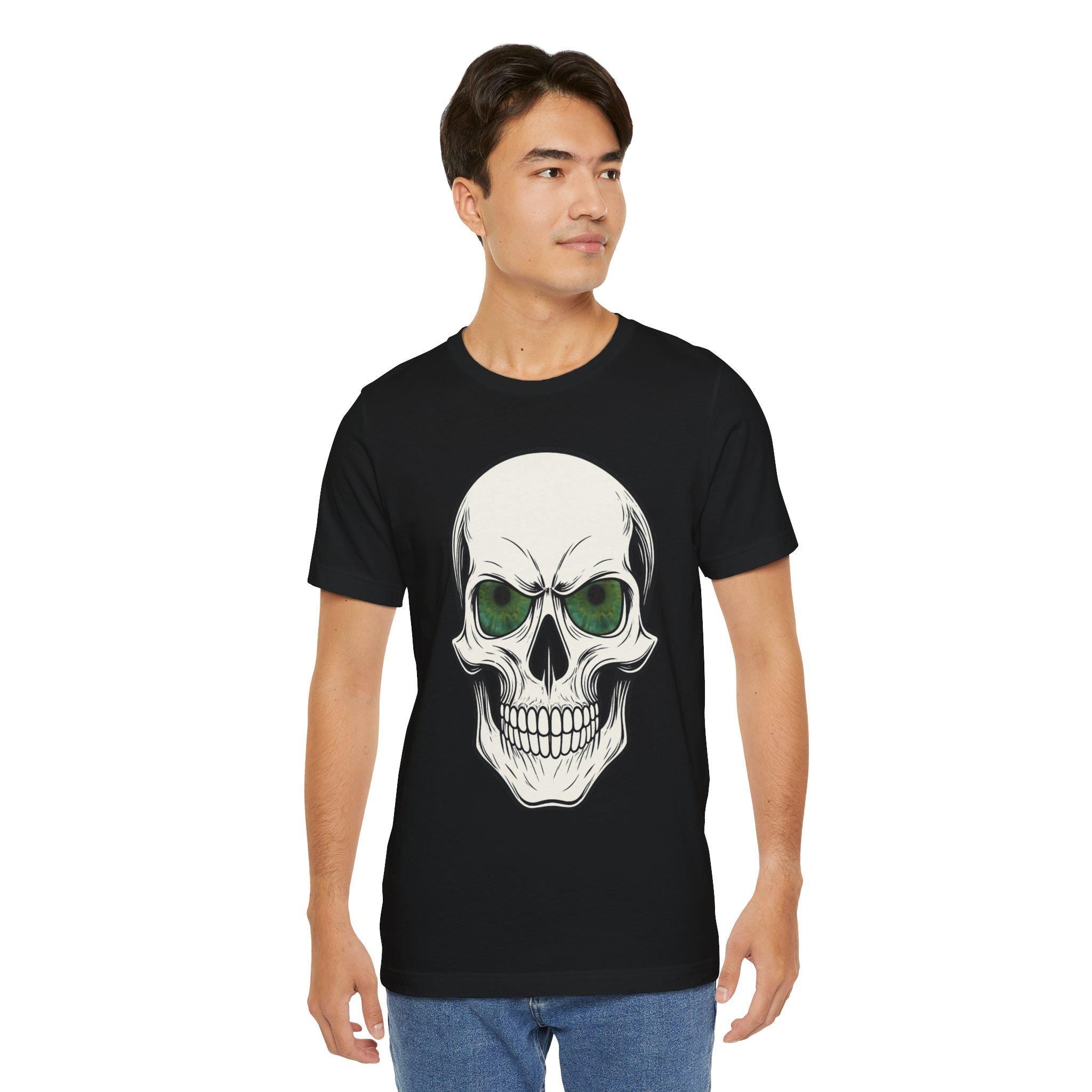 Gothic Tee, Halloween Shirt, Spooky Apparel, Skull with Glowing Green Eyes, VeinLine Studio
