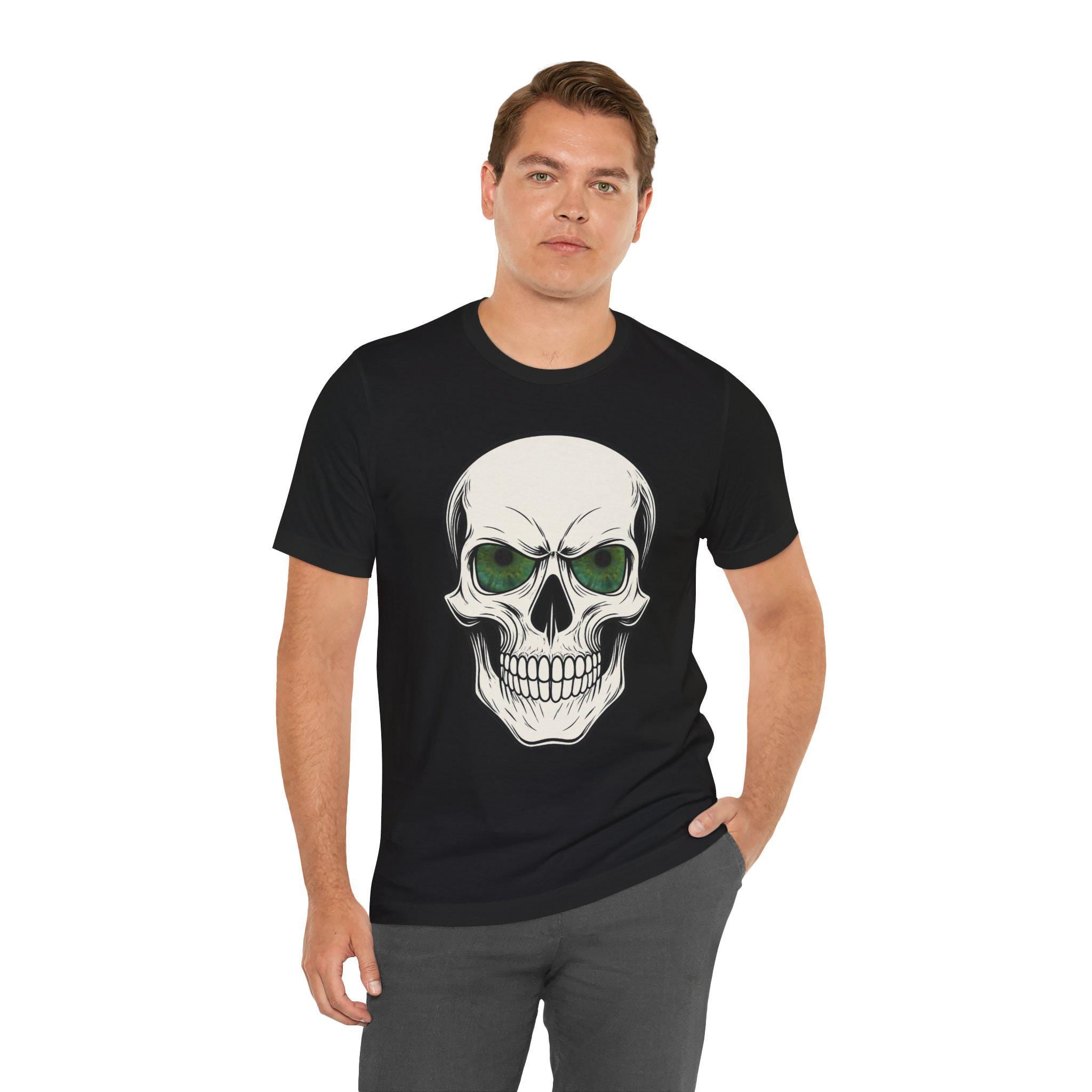 Gothic Tee, Halloween Shirt, Spooky Apparel, Skull with Glowing Green Eyes, VeinLine Studio