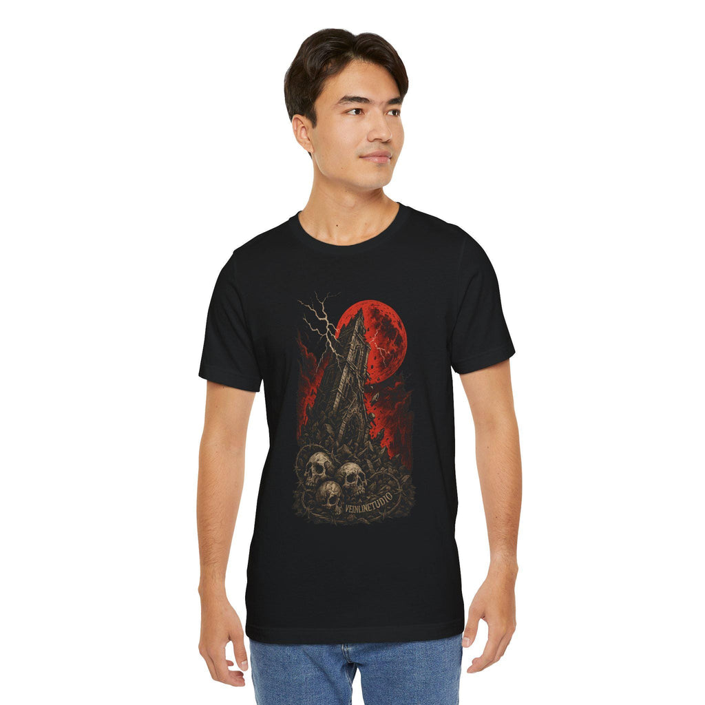 Falling Tower Lightning Skulls Tee, Gothic Unisex Shirt, Blood Red Moon Graphic T-Shirt, Halloween Occult Clothing,