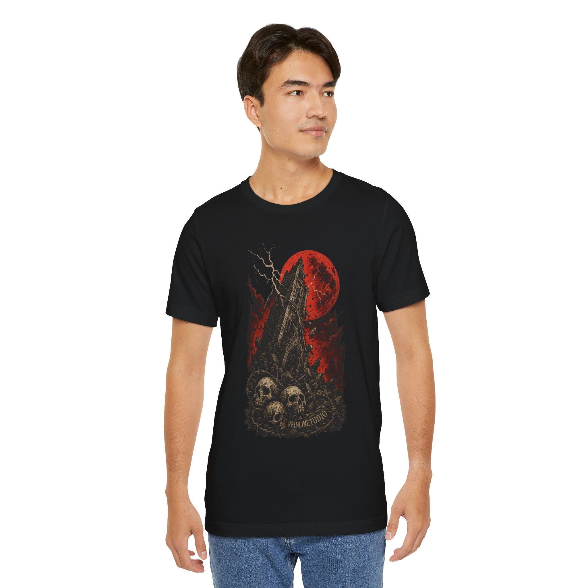 Falling Tower Lightning Skulls Tee, Gothic Unisex Shirt, Blood Red Moon Graphic T-Shirt, Halloween Occult Clothing,