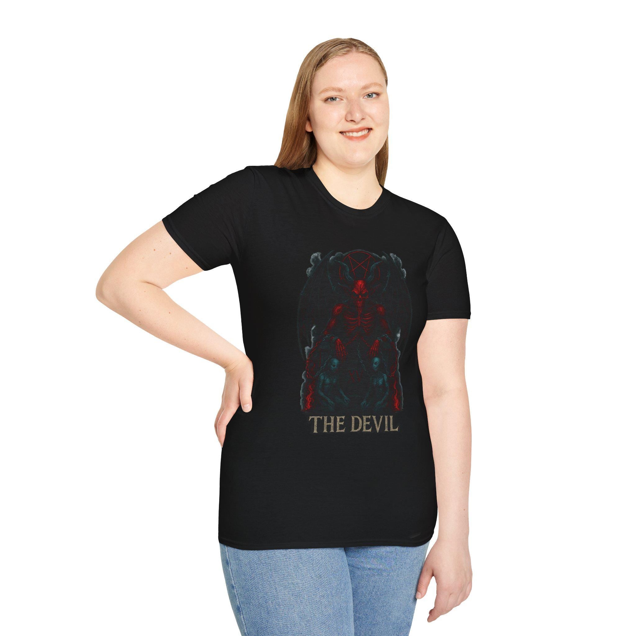Devil Tarot Card Graphic Tee. 100% cotton, size S-2XL, VeinLine Studio