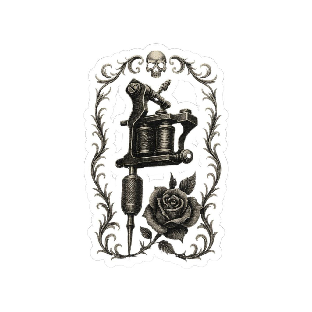 Tattoo Machine & Rose Sticker – Vintage Tattoo Art Decal VeinLine Studio