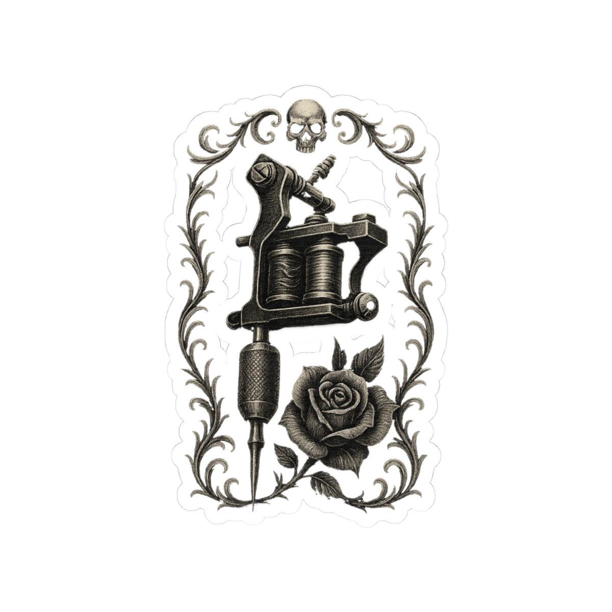 Tattoo Machine & Rose Sticker – Vintage Tattoo Art Decal VeinLine Studio