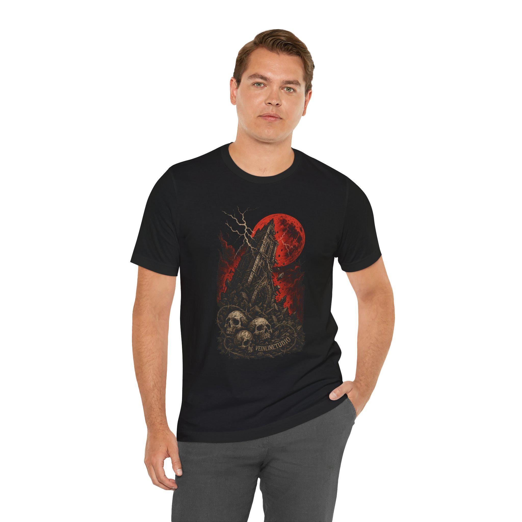 Falling Tower Lightning Skulls Tee, Gothic Unisex Shirt, Blood Red Moon Graphic T-Shirt, Halloween Occult Clothing,